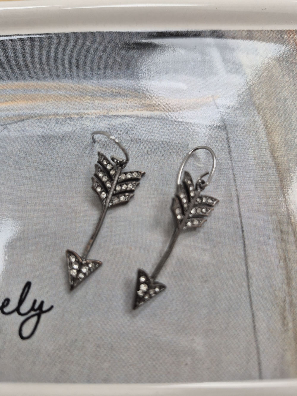 Silver Arrow Leaf Drop Earrings with Clear Crystals